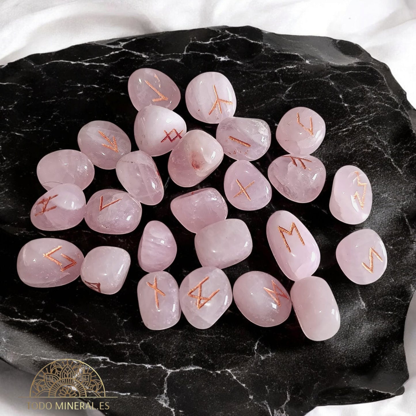 Sets Runas Piedra Natural Cuarzo Rosa (24 RUNAS Y 1 BLANCA) TAROT Y ORÁCULOS