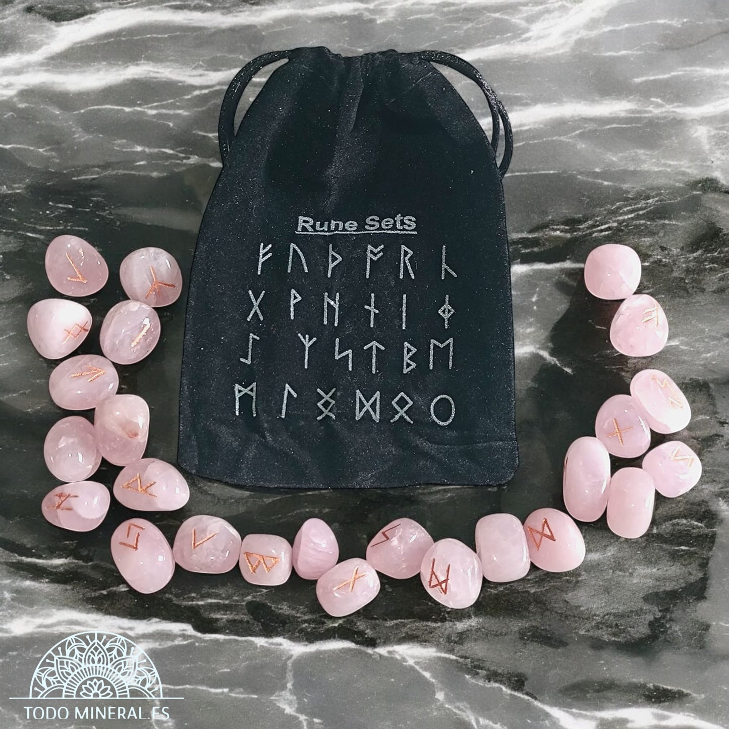 Sets Runas Piedra Natural Cuarzo Rosa (24 RUNAS Y 1 BLANCA) TAROT Y ORÁCULOS
