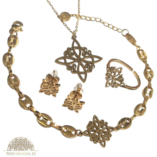 Juego Completo Nudo De Bruja Acero Collar Pendientes Anillo Adaptable Y Pulsera TODOMINERAL