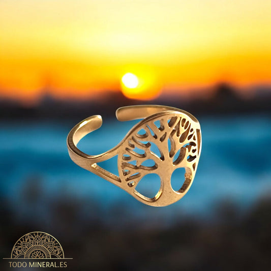 Anillo Adaptable Acero Dorado Árbol De La Vida TODOMINERAL
