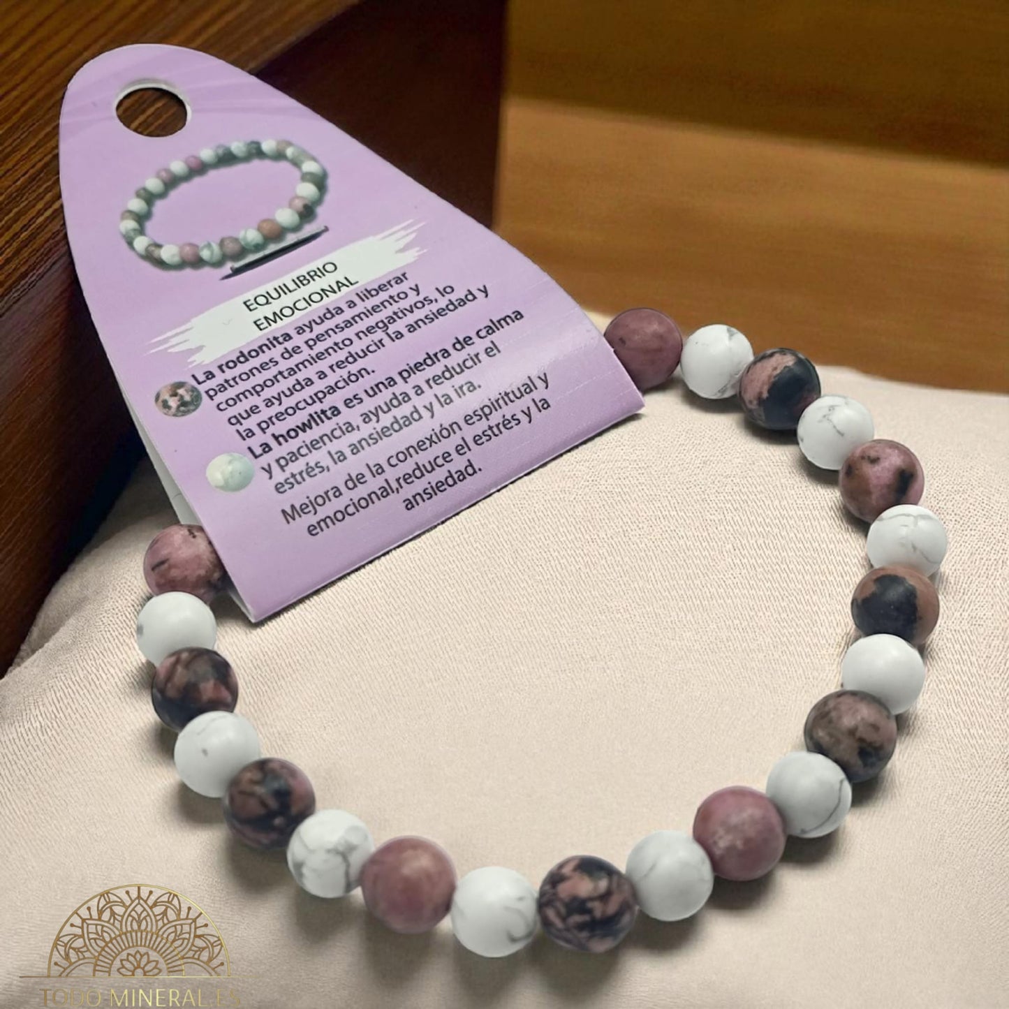 Pulsera Hombre Combinada Piedra Rodonita y Howlite Para Equilibrio Emocional Piedra De 8 mm 22Cms PULSERAS MINERALES