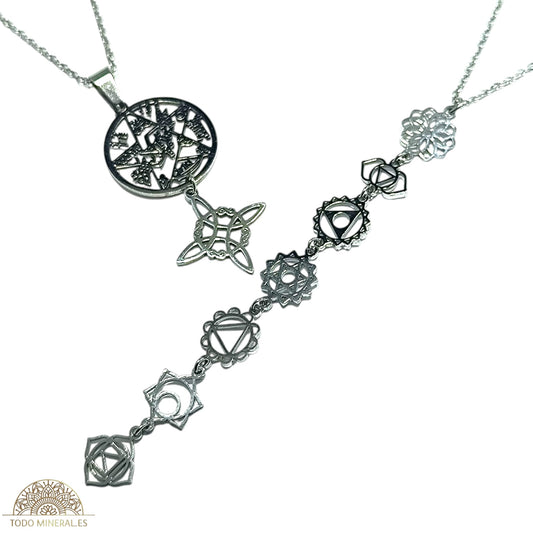 2 Collares Acero Inoxidable Doble Proteccion Tetragramaton Nudo De Bruja Y collar Simbolos 7 Chakras Cadena 45 Cms COLGANTE ACERO