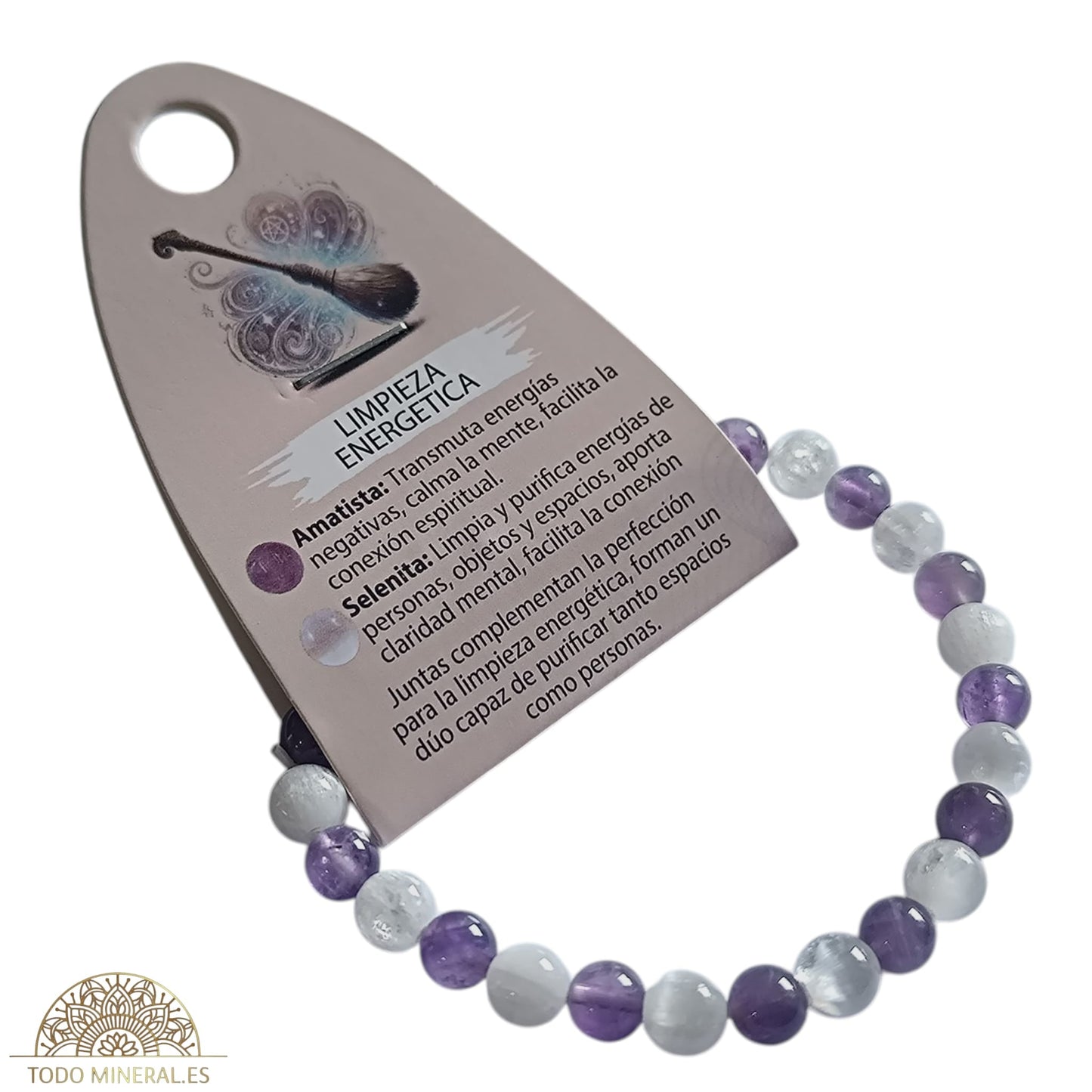 Pulsera Combinada Piedra Amatista y Selenita para Limpieza energética Piedra De 6 mm 18Cms PULSERAS MINERALES