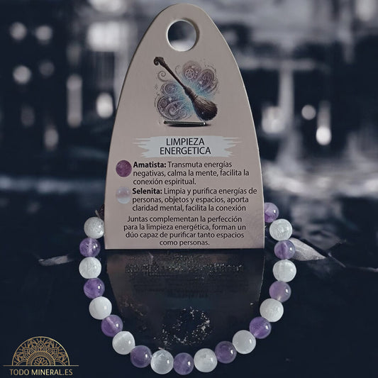 Pulsera Combinada Piedra Amatista y Selenita para Limpieza energética Piedra De 6 mm 18Cms PULSERAS MINERALES