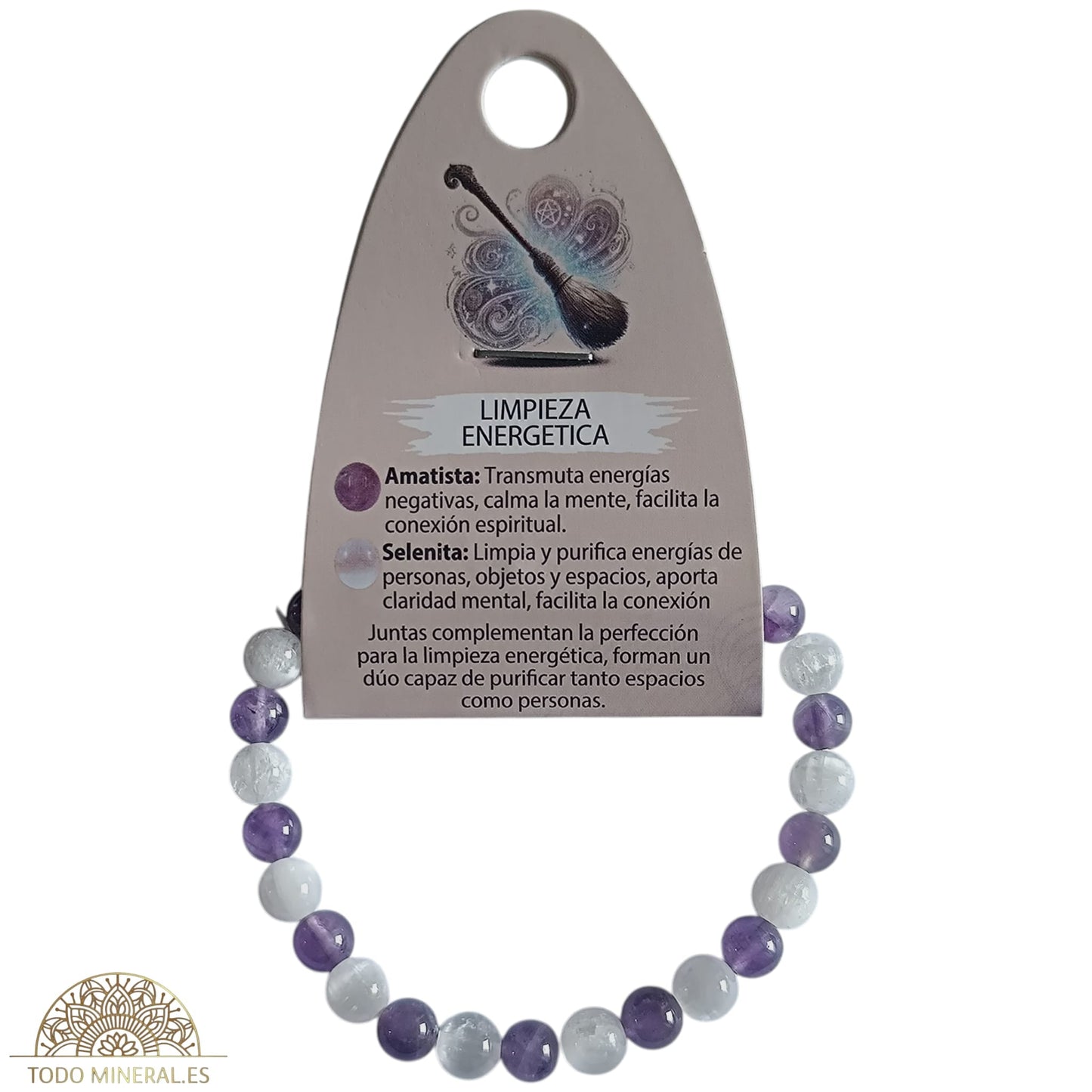 Pulsera Combinada Piedra Amatista y Selenita para Limpieza energética Piedra De 6 mm 18Cms PULSERAS MINERALES