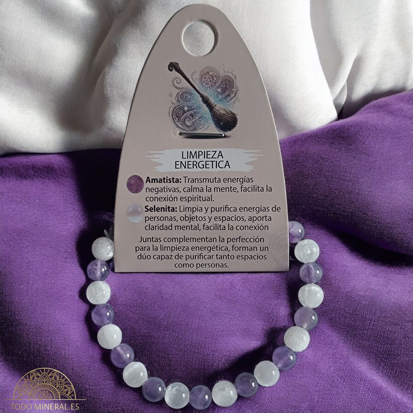 Pulsera Combinada Piedra Amatista y Selenita para Limpieza energética Piedra De 6 mm 18Cms PULSERAS MINERALES