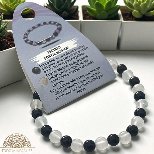 Pulsera Combinada Piedra Cuarzo Blanco Y Turmalina Para Escudo Fortalecedor Piedra De 6 mm PULSERAS MINERALES