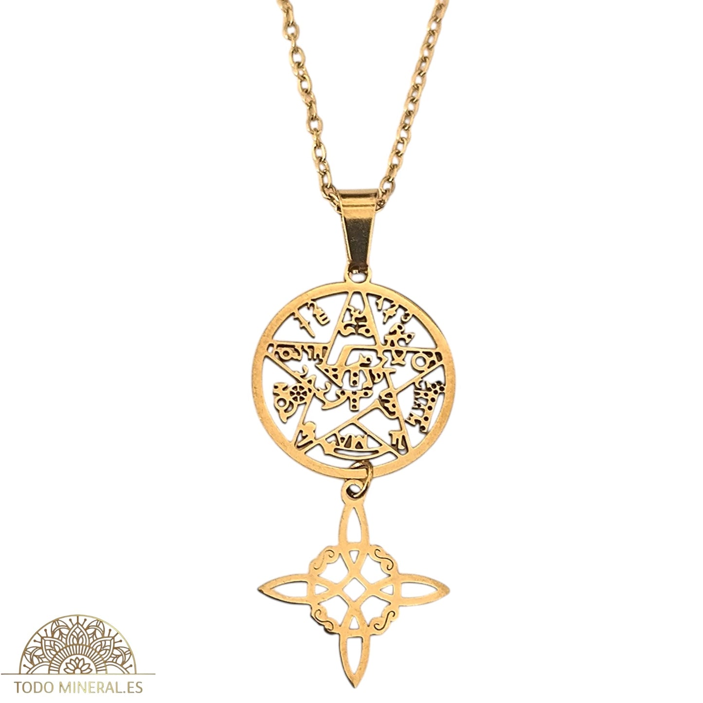 Collar Acero Dorado Doble Proteccion Nudo De Brujas Y Tetragramaton COLGANTE ACERO