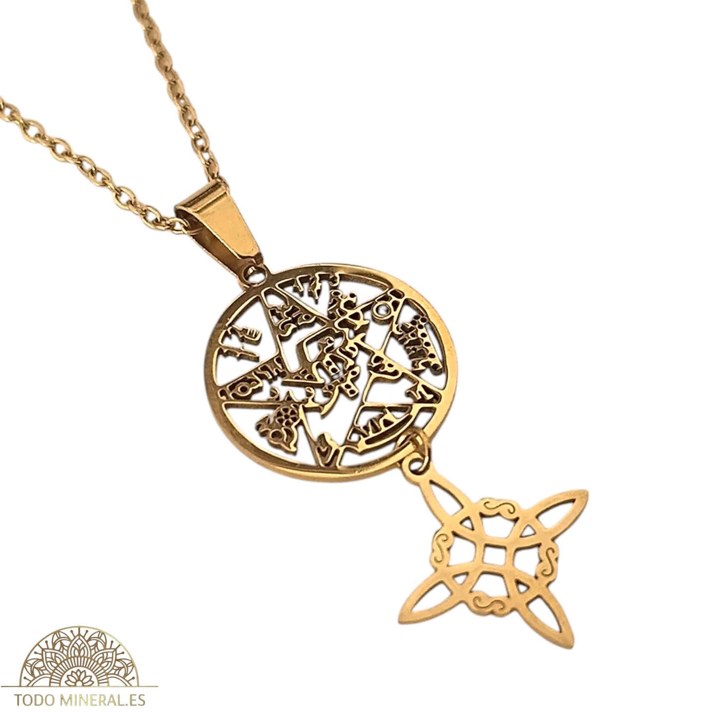Collar Acero Dorado Doble Proteccion Nudo De Brujas Y Tetragramaton COLGANTE ACERO