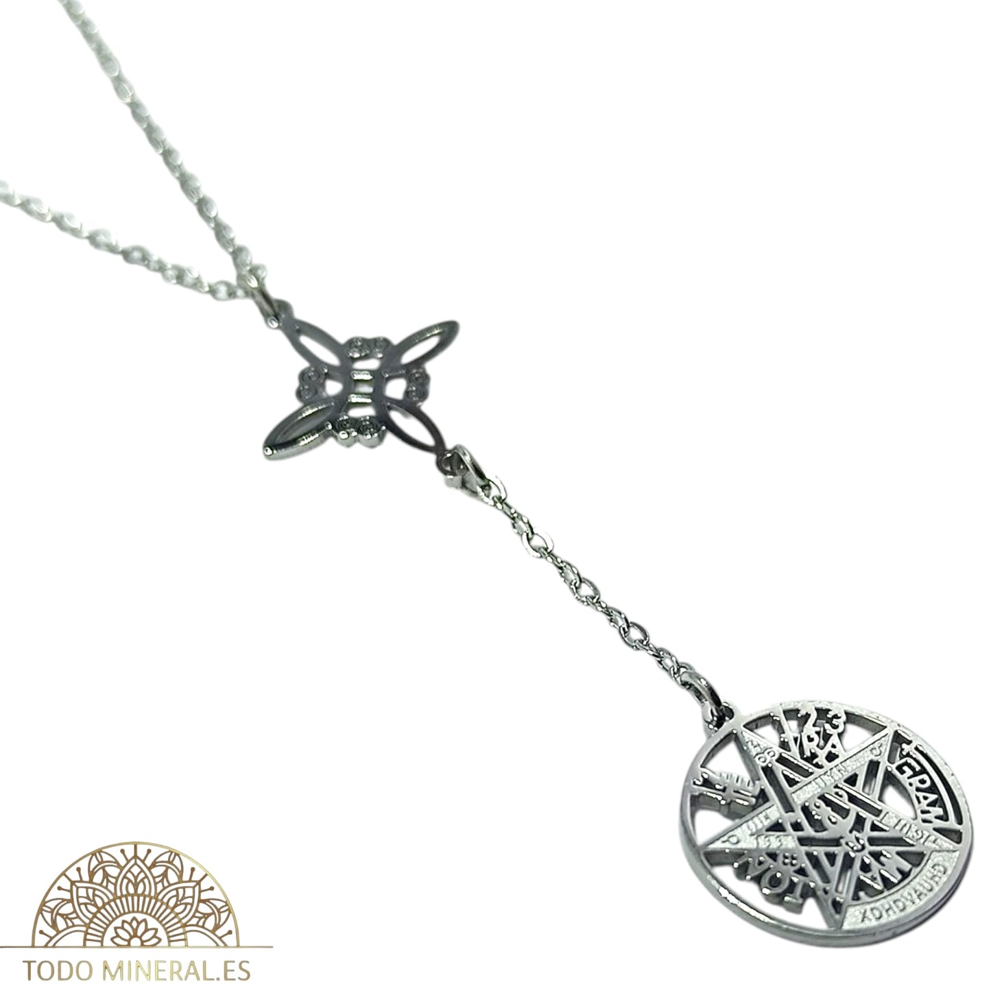 Collar Doble Protección Nudo De Bruja Tetragramaton En Acero Inoxidable Con Cadena 45 Cms TODOMINERAL