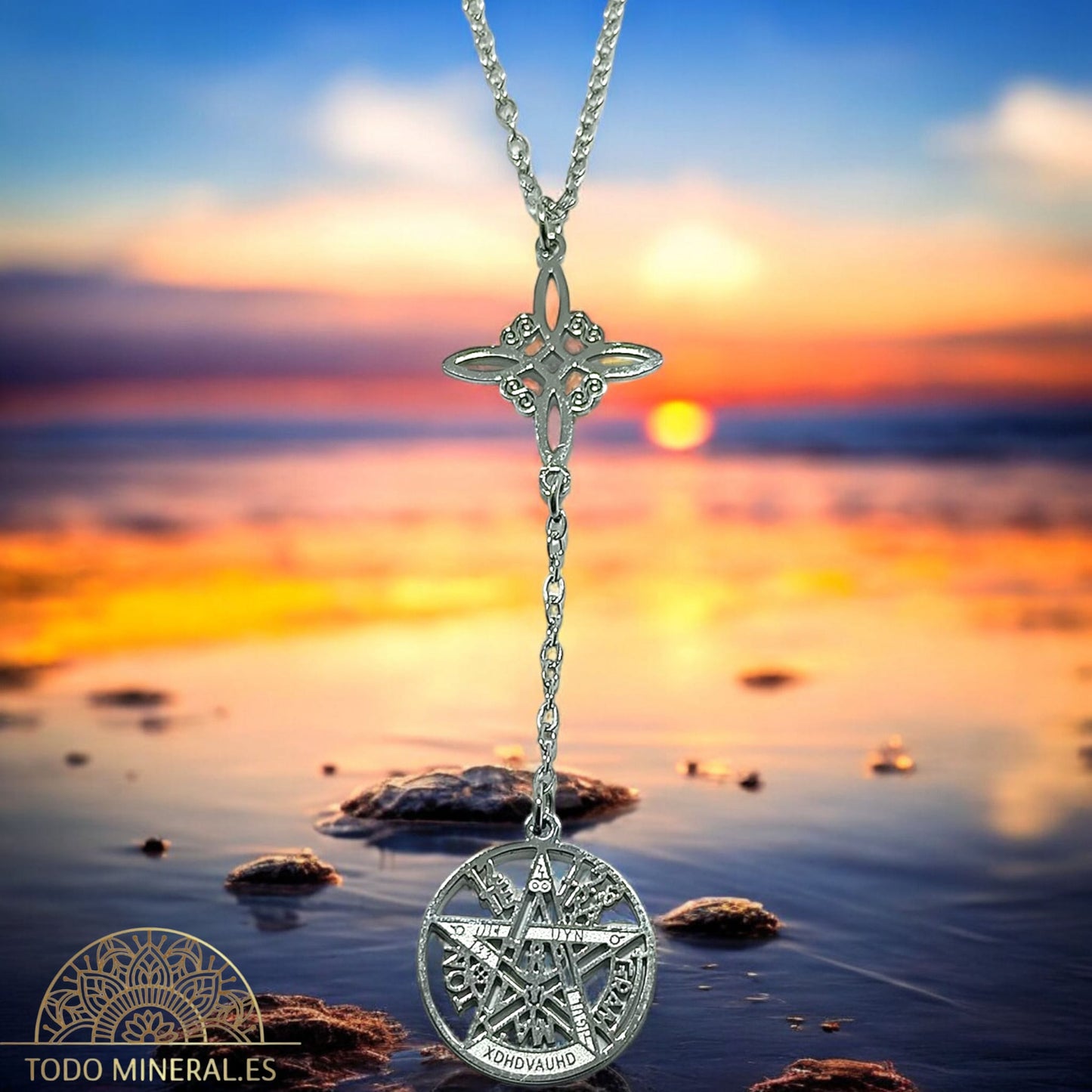 Collar Doble Protección Nudo De Bruja Tetragramaton En Acero Inoxidable Con Cadena 45 Cms TODOMINERAL