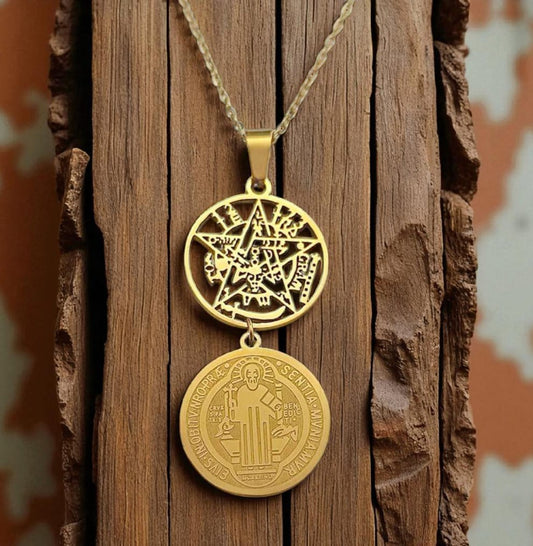 Collar Acero Doble Proteccion Tetragramaton Y San Benito COLGANTE ACERO