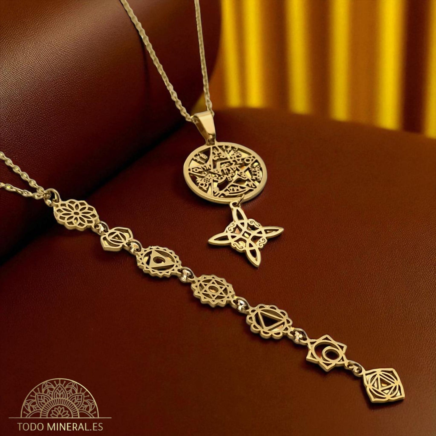 2 Collares Acero Inoxidable Dorado Doble Proteccion Tetragramaton Nudo De Bruja Y collar Simbolos 7 Chakras Cadenas 45 Cms COLGANTE ACERO