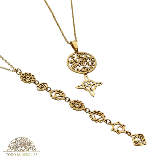 2 Collares Acero Inoxidable Dorado Doble Proteccion Tetragramaton Nudo De Bruja Y collar Simbolos 7 Chakras Cadenas 45 Cms COLGANTE ACERO