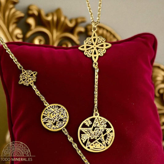Kit Collar + Pulseras Doble Protección Nudo De Bruja Tetragramaton En Acero Dorado Inoxidable Con Cadena 45 Cms (Copia) TODOMINERAL