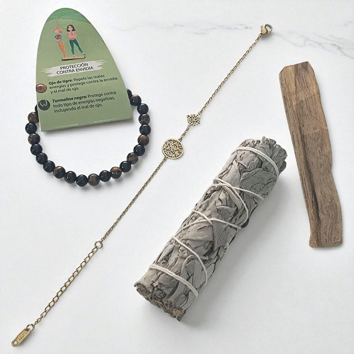 Kit Proteccion Contra Envidias ( Una Pulsera Proteccion Contra Envidia, 1 Palo Santo,1 Atado Salvia Y Pulsera Doble Proteccion ) TODOMINERAL