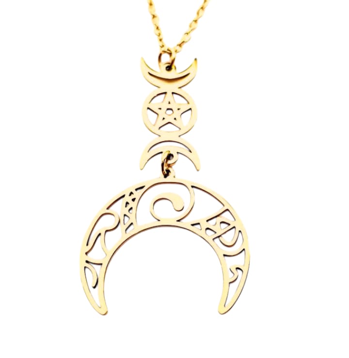 Collar Triple Luna En Acero Con Cadena 45 Cms TODOMINERAL