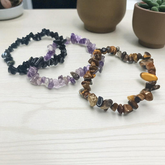 3 Pulsera Elástica Chip Paz Protectora: Combina Amatista ,Obsidiana Y Ojo de tigre. PULSERAS MINERALES