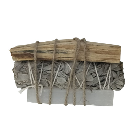 Kit Limpieza Y Proteccion Piedra Natural Selenita Atado Salvia Y 1 Palo Santo TODOMINERAL