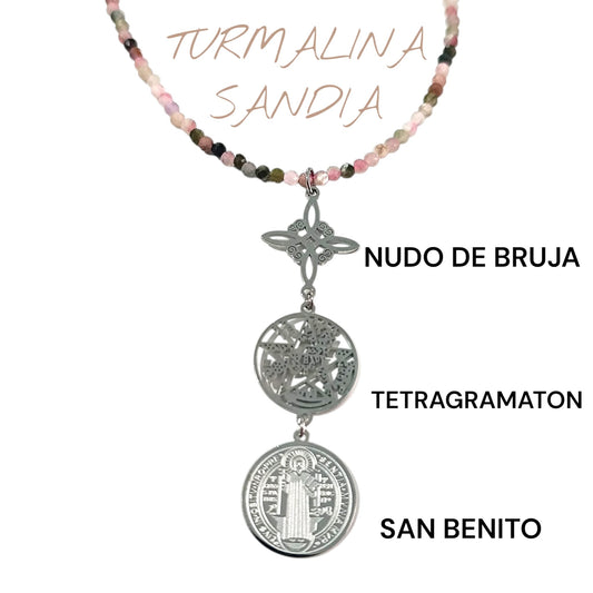 Collar 40+5 Cms Piedra Natural Facetada Con Cierre Acero Y Colgante Triple Proteccion TODOMINERAL