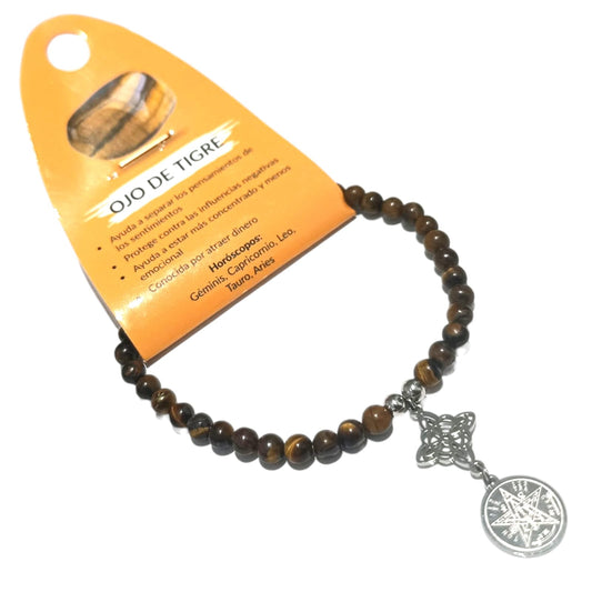 Pulsera Elastica 4MM Piedra Natural Y Dije Doble Proteccion Nudo De Bruja Y Tetragramaton ELIGE TU MINERAL PULSERAS MINERALES