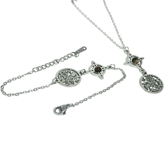 Juego Pulsera + Collar 45 cms Doble Proteccion Nudo De Bruja Tetragramaton Y Piedra Natural Ojo De Tigre TODOMINERAL