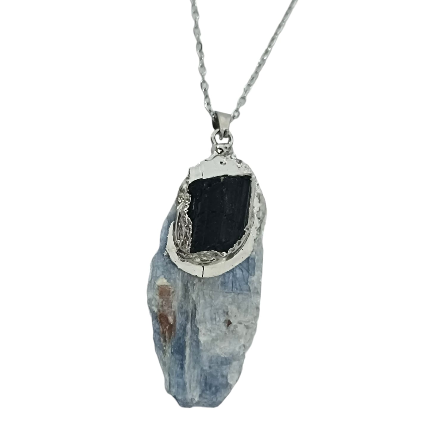 Colgante Con Baño Metal Cianita Azul y Piedra Natural Turmalina Para Proteccion INCLUYE CADENA ACERO (cada pieza es unica y diferente) TODOMINERAL