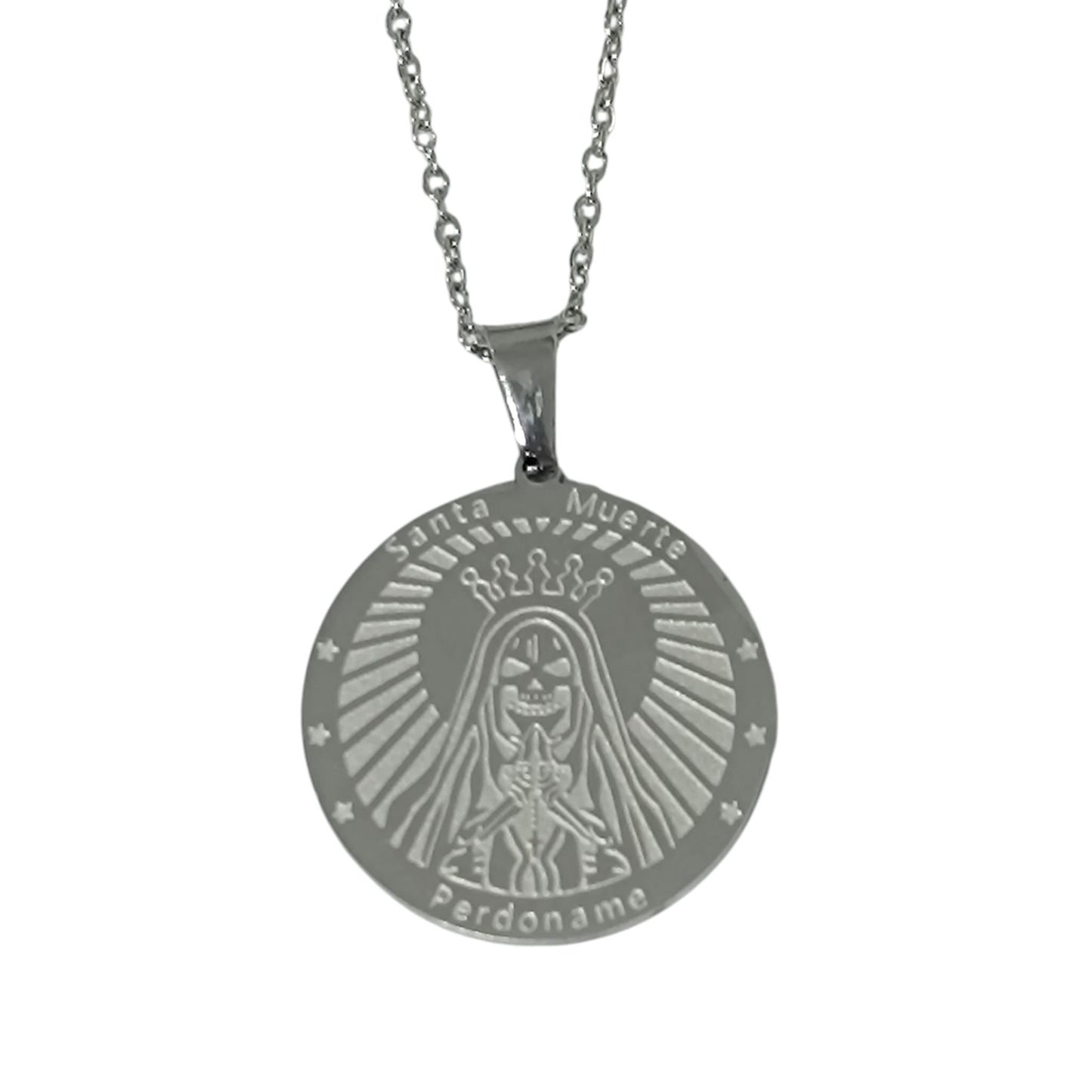 Collar Acero Inoxidable Santa Muerte 25mm Cadena ELIGE MODELO Y TAMAÑO CADENA TODOMINERAL