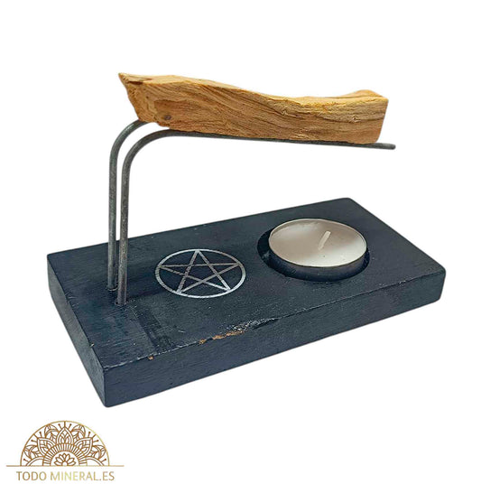 Quemador En Madera Para Palo Santo 14x7 cms Aprox Simbolo Pentagrama PORTA INCIENSOS