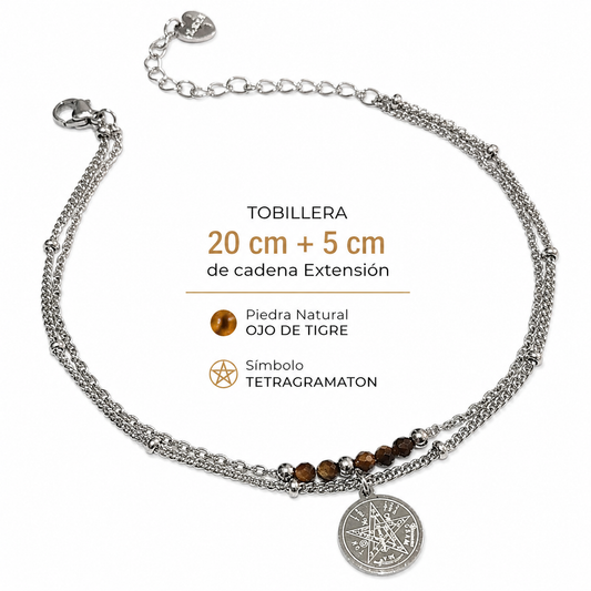 Tobillera Acero Con Dije Tetragramaton Y Piedra Natural Ojo De Tigre TOBILLERAS ACERO