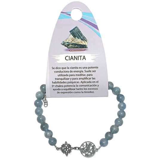 Pulsera de Piedra Natural Cianita Azul con Dijes de Protección (Nudo de Bruja y Tetragrámaton) - Amuleto Espiritual de Alta Calidad. PULSERA ACERO