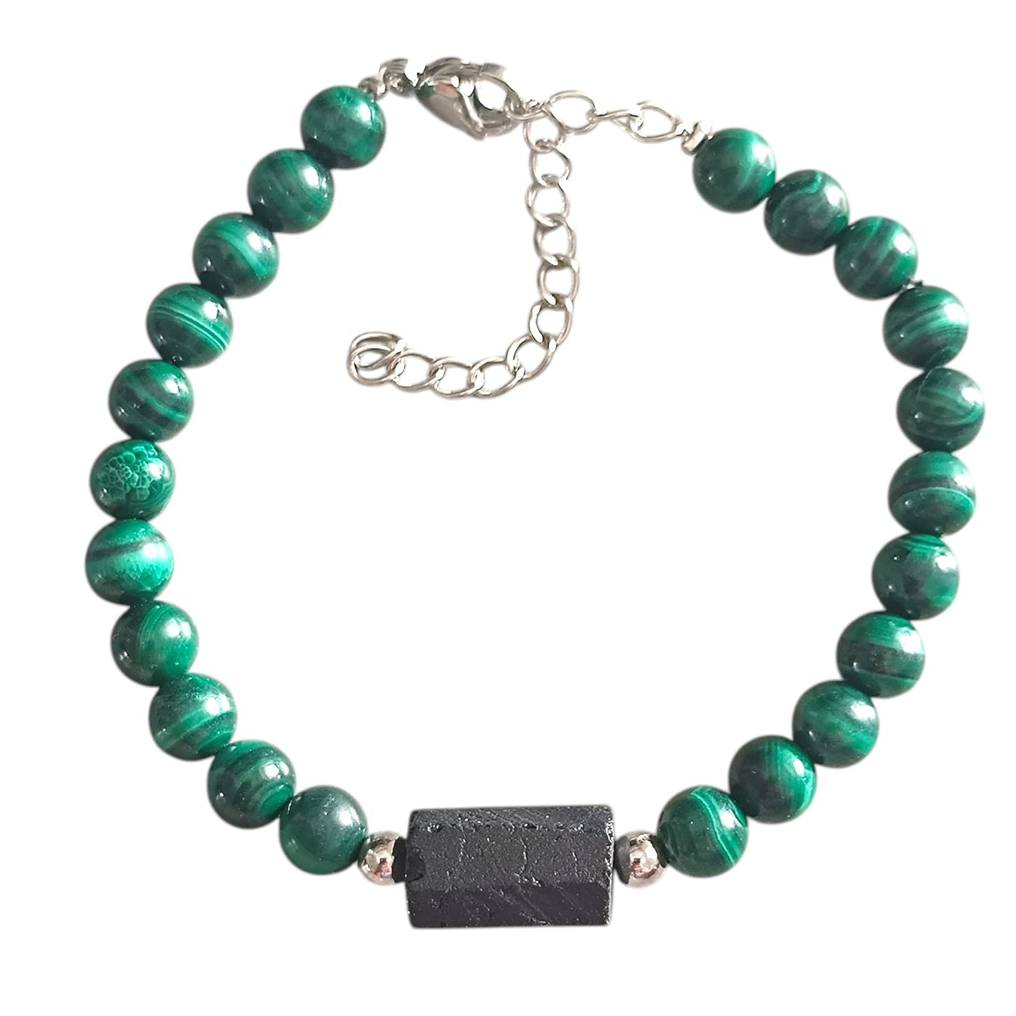 Pulsera Ajustable Piedra Natural Malaquita Con Entrepieza Piedra Turmalina Fabricada En Hilo De Acero PULSERA ACERO