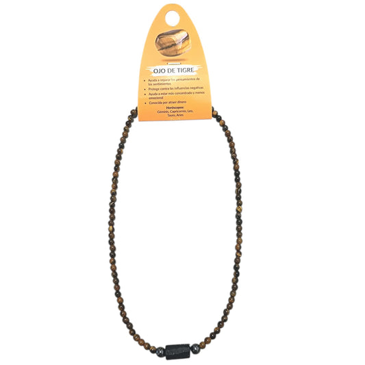 Collar Piedra Natural Combinado OjoTigre 4 mm Hematite 6mm Y Turmalina 45 Cms+ 5 Cadena Extensión Con Cierre Acero TODOMINERAL