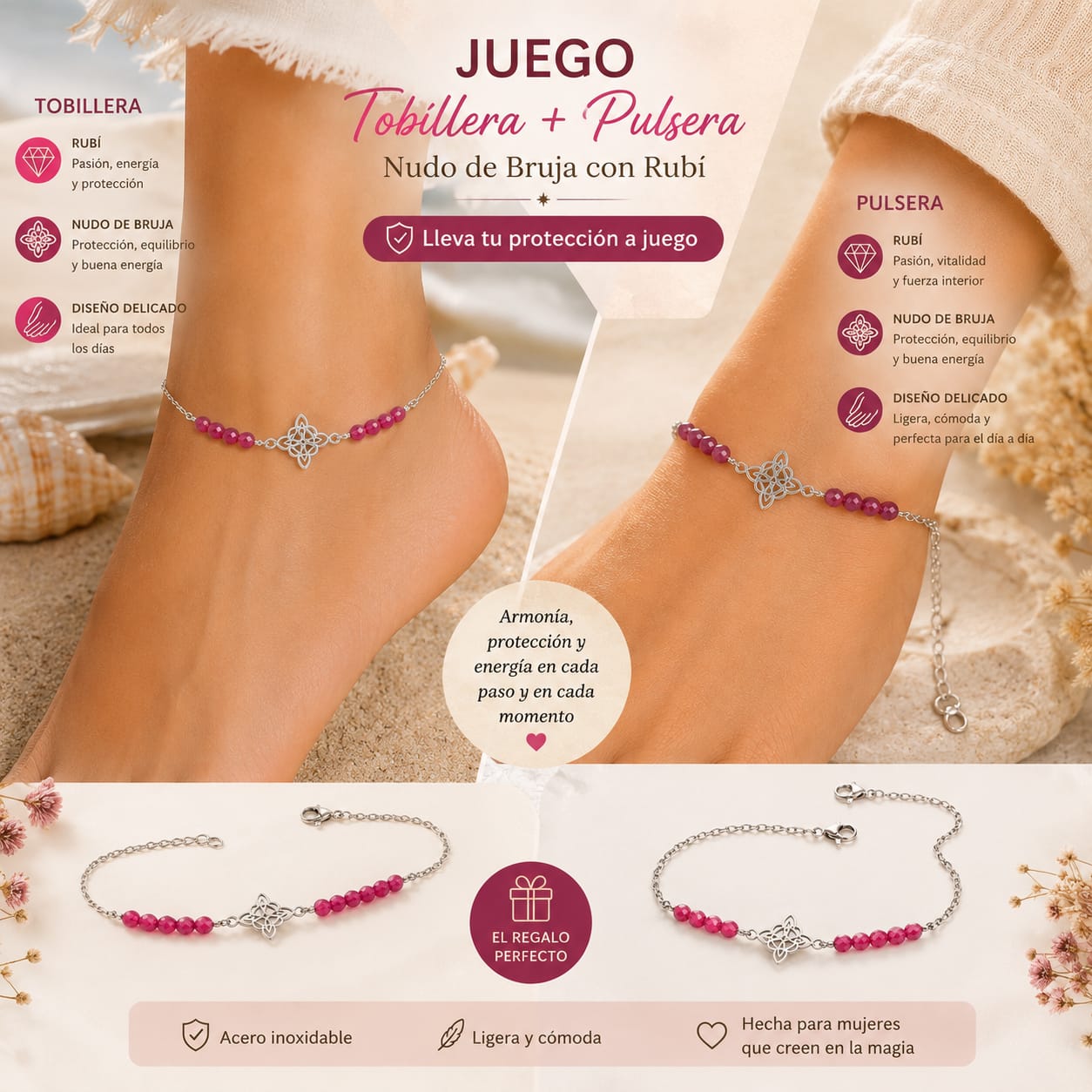 Juego Pulsera + Tobillera Rubí y Nudo de Bruja | Acero Inoxidable Ajustable PULSERA ACERO