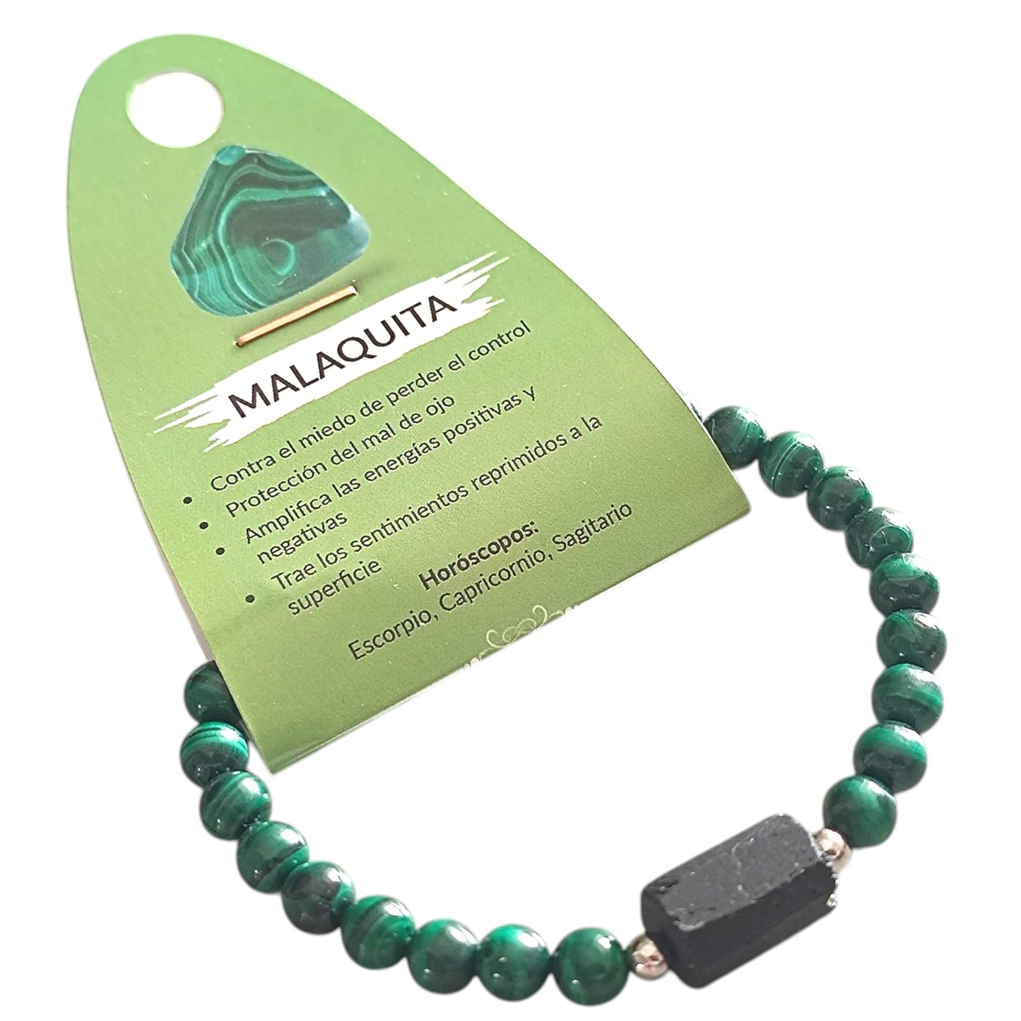 Pulsera Ajustable Piedra Natural Malaquita Con Entrepieza Piedra Turmalina Fabricada En Hilo De Acero PULSERA ACERO