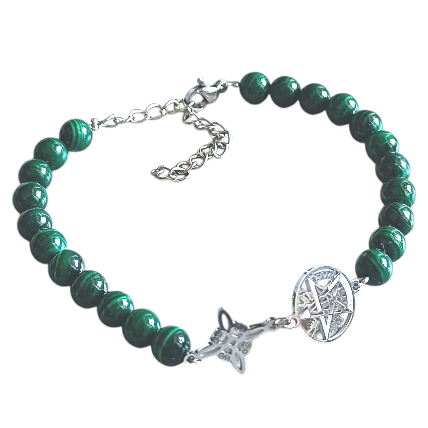Pulsera Piedra Natural Malaquita Original 6mm | Nudo de Bruja y Tetragrámaton | Acero Artesanal PULSERA ACERO