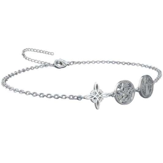 Pulsera Acero Triple Poteccion  Nudo De Bruja Terragramaton Y San Benito