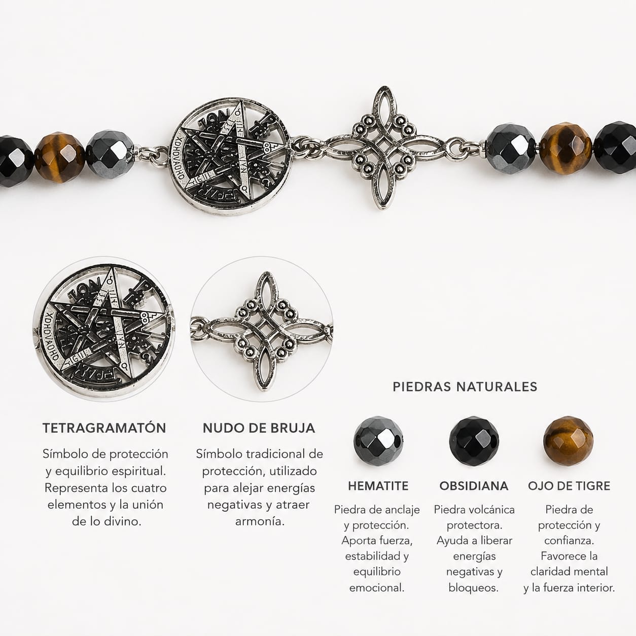 Tobillera Artesanal Acero 5 Proteccion Dije Nudo De Bruja-Tetragramaton Con Piedra Natural Ojo De Tigre Obsidiana Y Hematite TOBILLERAS ACERO