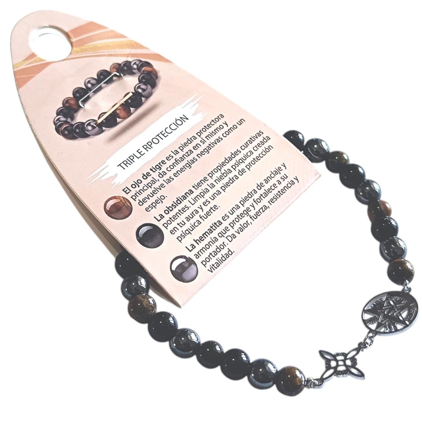 Pulsera Acero Doble Protección Tetragramaton Nudo De Bruja Y Piedra Turmalina Facetada O Cianita Azul PULSERA ACERO