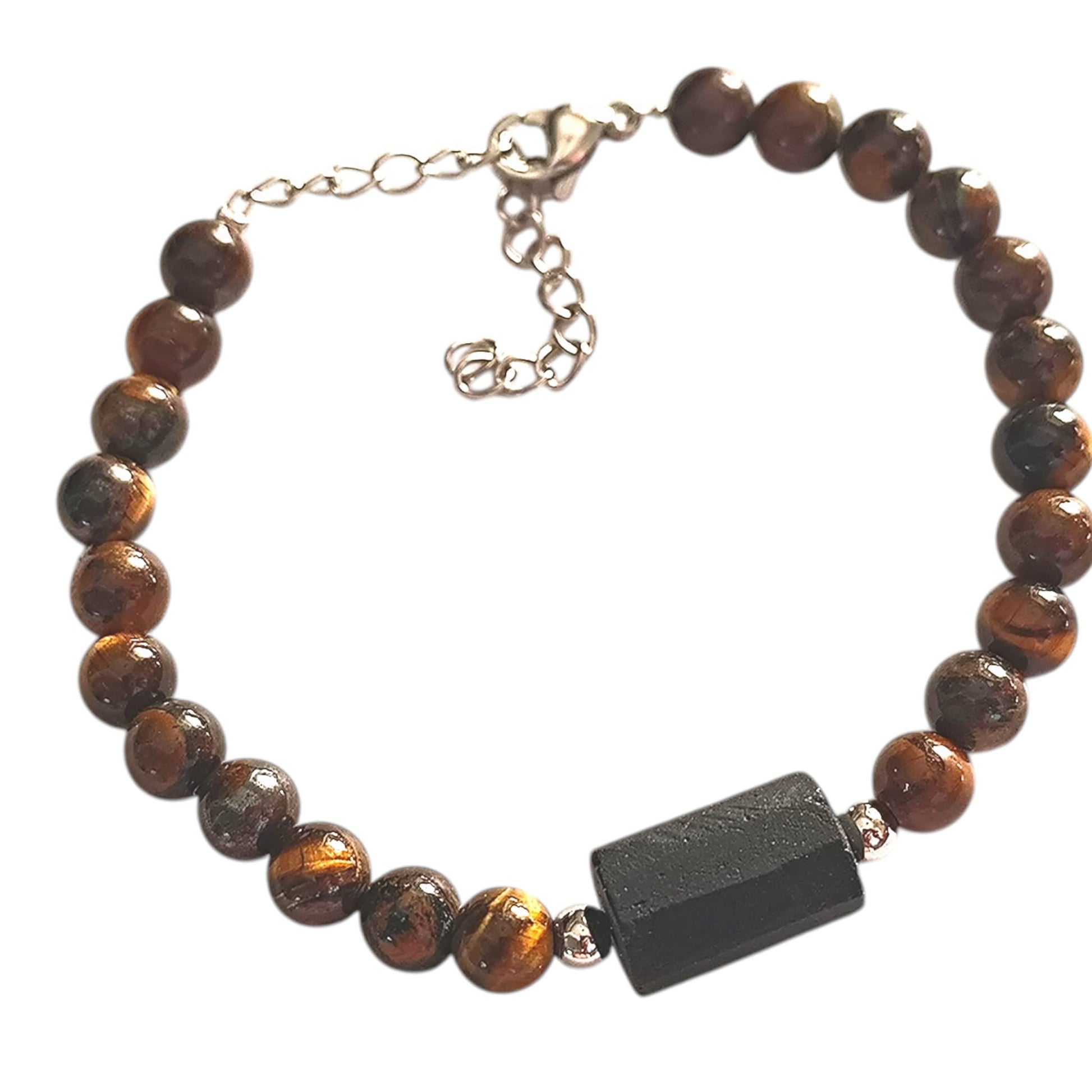 Pulsera de Piedra Natural Ojo De Tigre Con Entrepieza Piedra Turmalina Proteccion Y Enfoque PULSERA ACERO