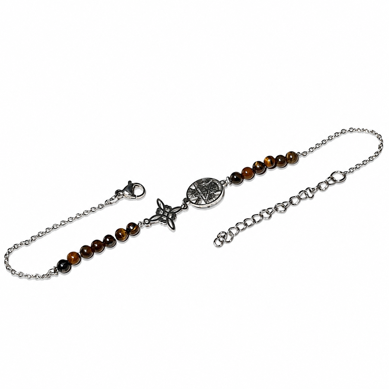 Tobillera Artesanal Acero Con Dije Nudo De Bruja Y Tetragramaton Piedra Natural Ojo De Tigre TOBILLERAS ACERO