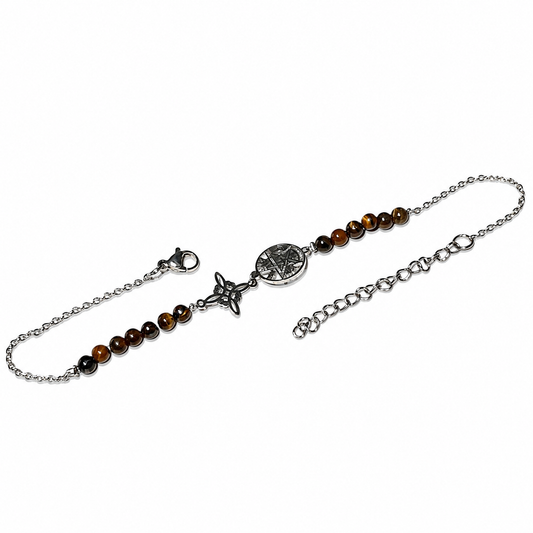 Tobillera Artesanal Acero Con Dije Nudo De Bruja Y Tetragramaton Piedra Natural Ojo De Tigre TOBILLERAS ACERO