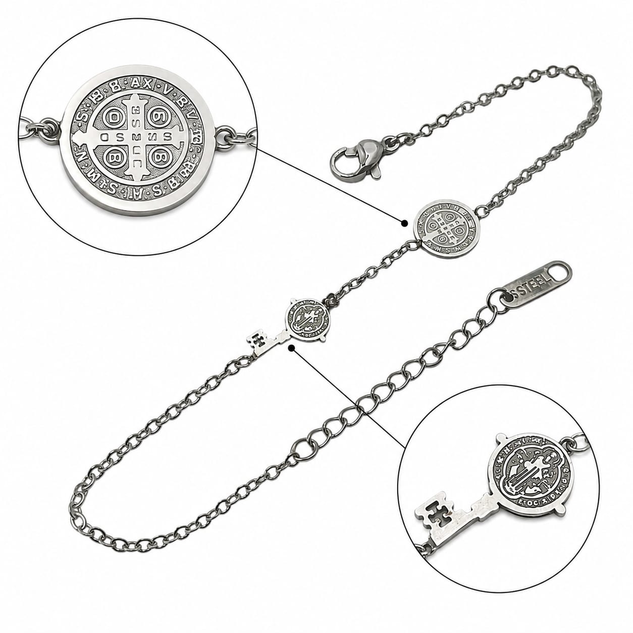 Pulsera Acero Proteccion Y Abrecaminos Dije Medalla San Benibto Y Llave San Benito 18 Cms Aprox PULSERA ACERO