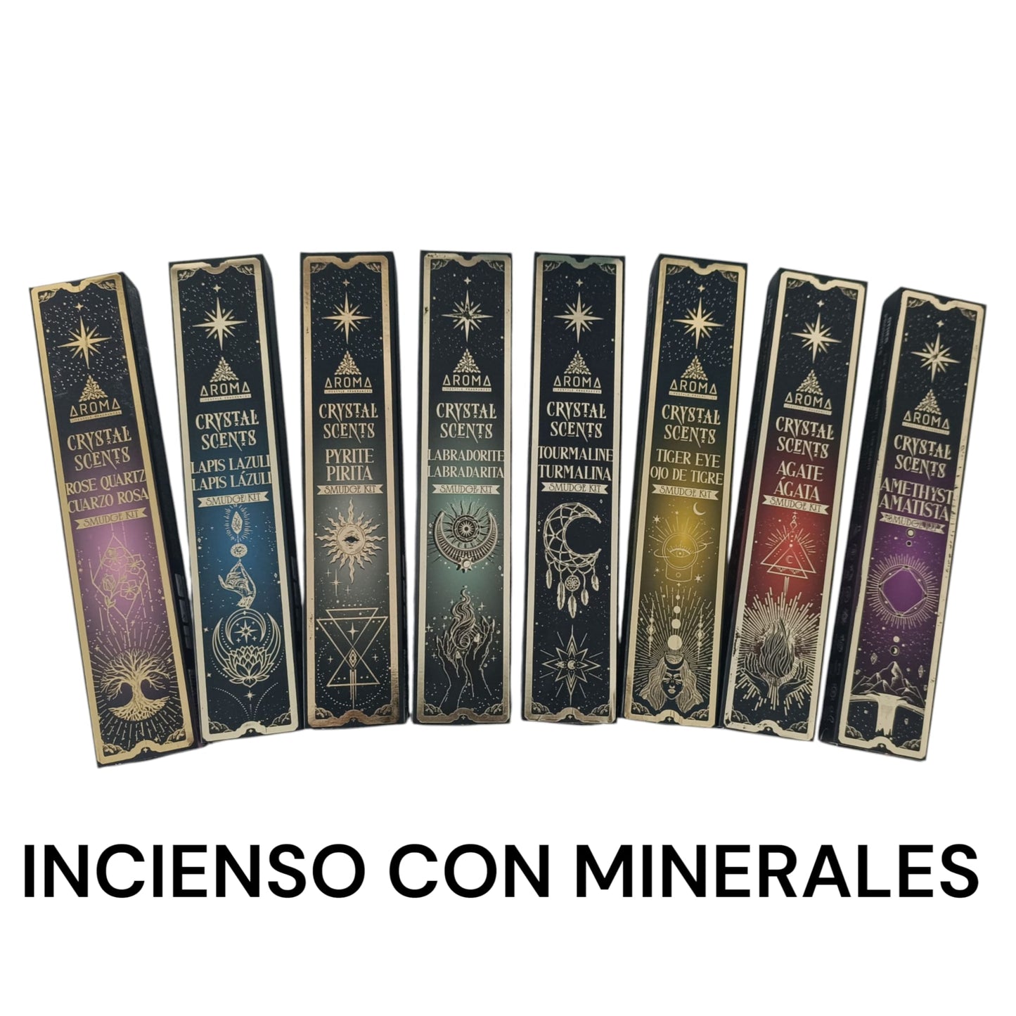 Paquete 20 Gramos De Incienso Marca Aroma Crystal Scents Con Mineral Rodado Pequeño INCIENSOS