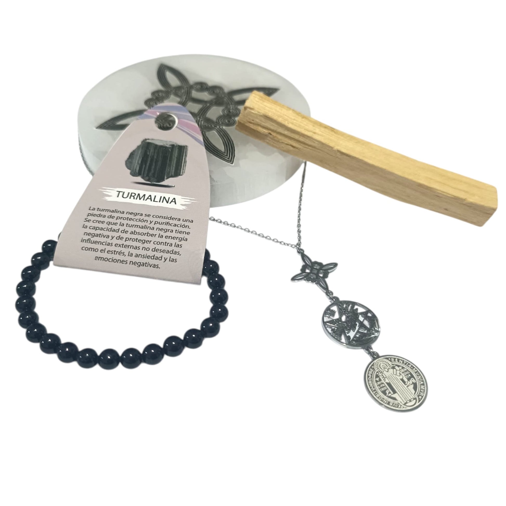 Kit Proteccion Plato Selenita Collar triple proteccion Pulsera Turmalina 6 mm Y Palo Santo TODOMINERAL