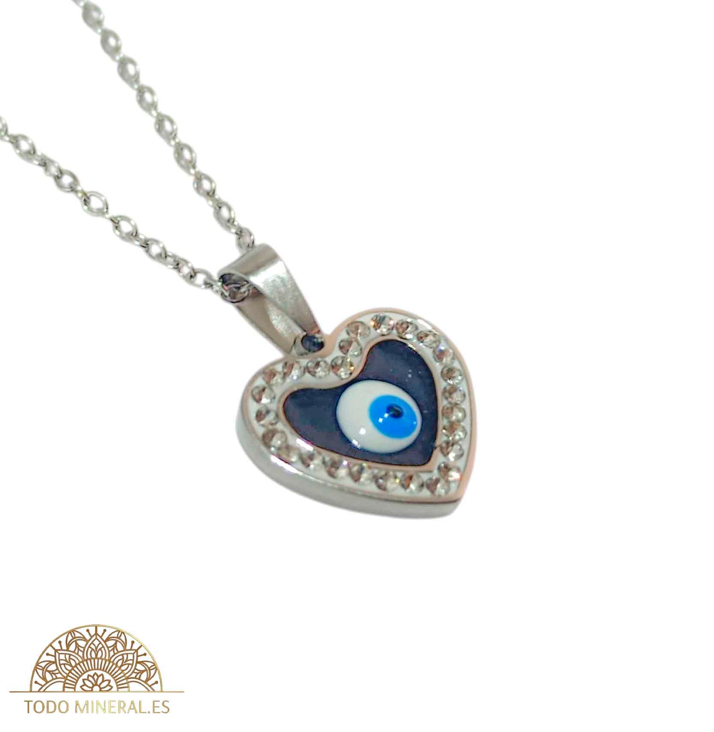Collar Corazón Ojo Turco En Acero Con Cadena 45+5 Cms