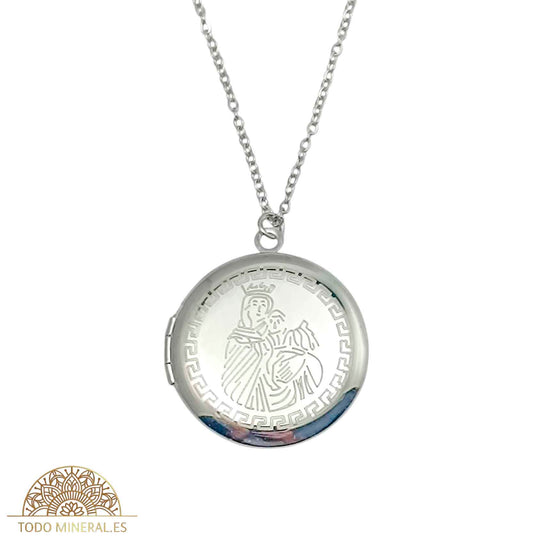 Collar Porta Foto Virgen En Acero Inoxidable Con Cadena 45+5 Cms