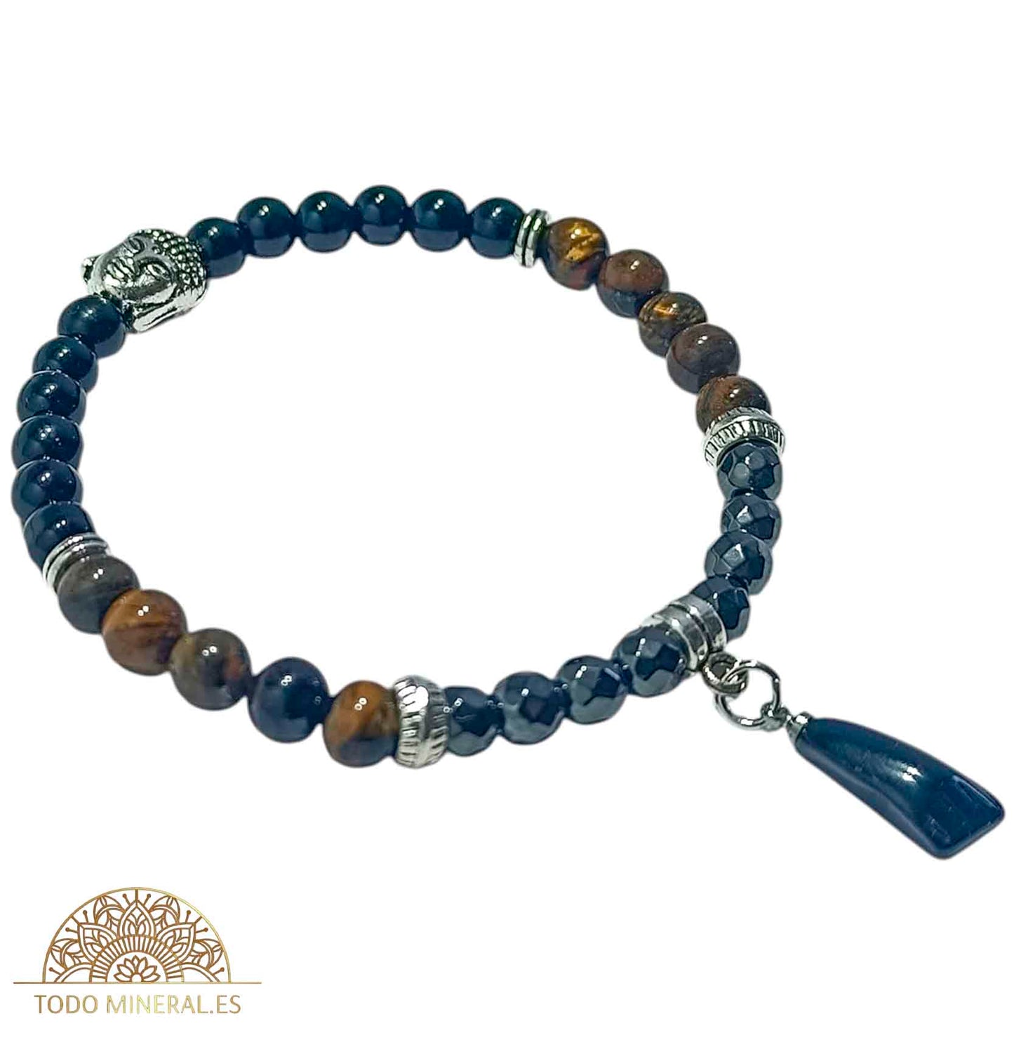 Pulsera Combinada Onix Hematite Y Ojo De Tigre 6 mm Dije Figa/Buda Metal