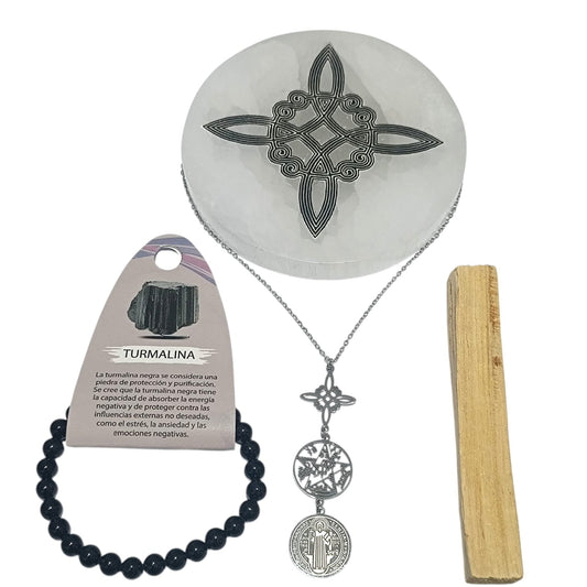 Kit Proteccion Plato Selenita Collar triple proteccion Pulsera Turmalina 6 mm Y Palo Santo TODOMINERAL