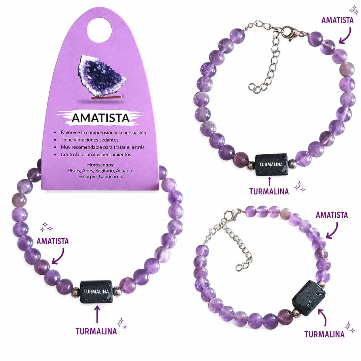 Pulsera de Piedra Natural Amatista Con Entrepieza Piedra Turmalina Proteccion y Calma PULSERA ACERO